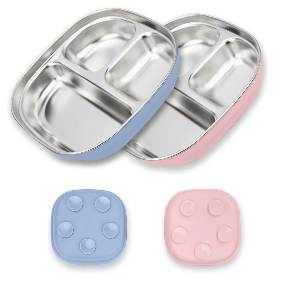 TAOceeXI stainless steel toddler plate with blue suction cups keeps meals mess-free.
