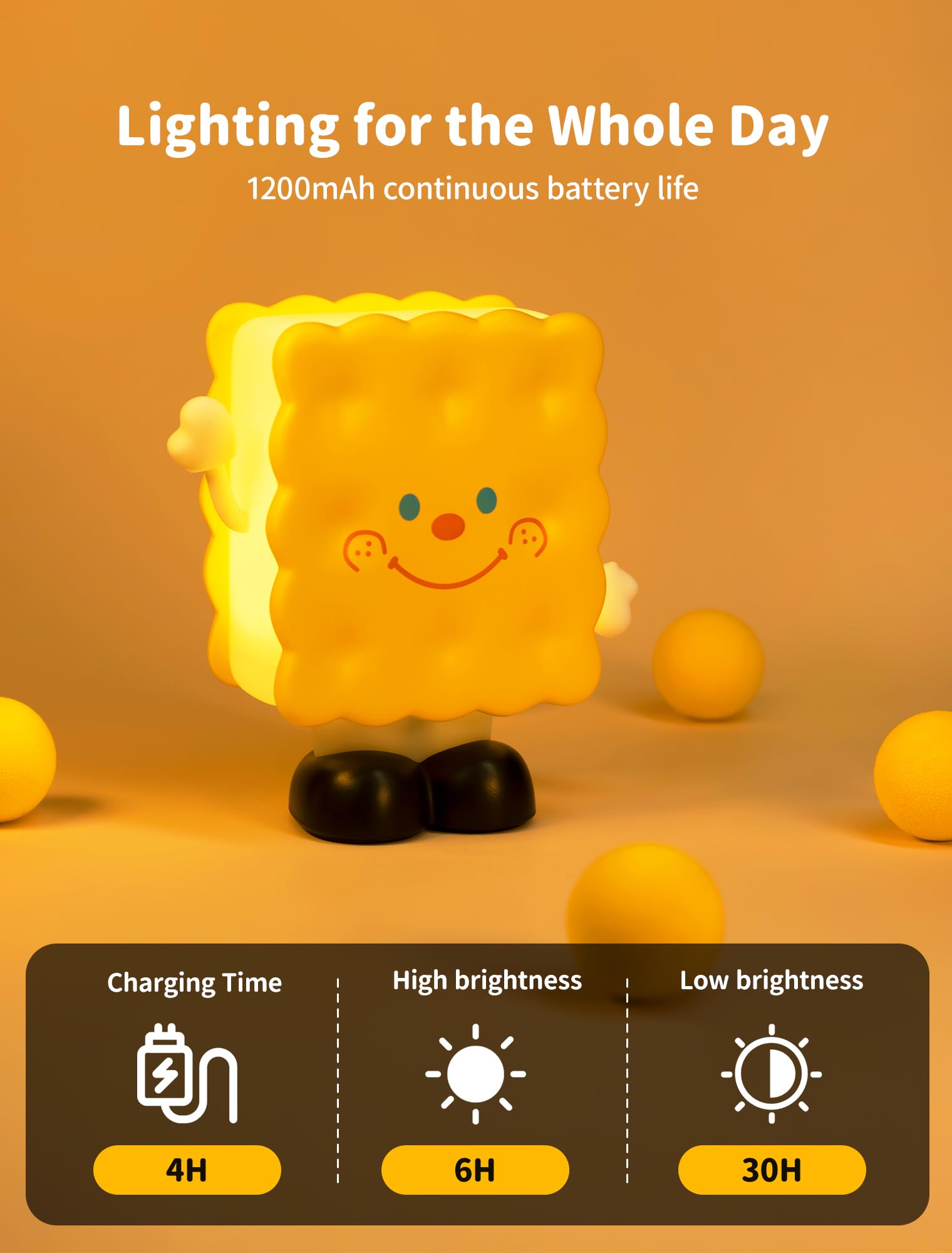 Tarinks Biscuit Night Light rechargeable battery provides portable, cordless glow.