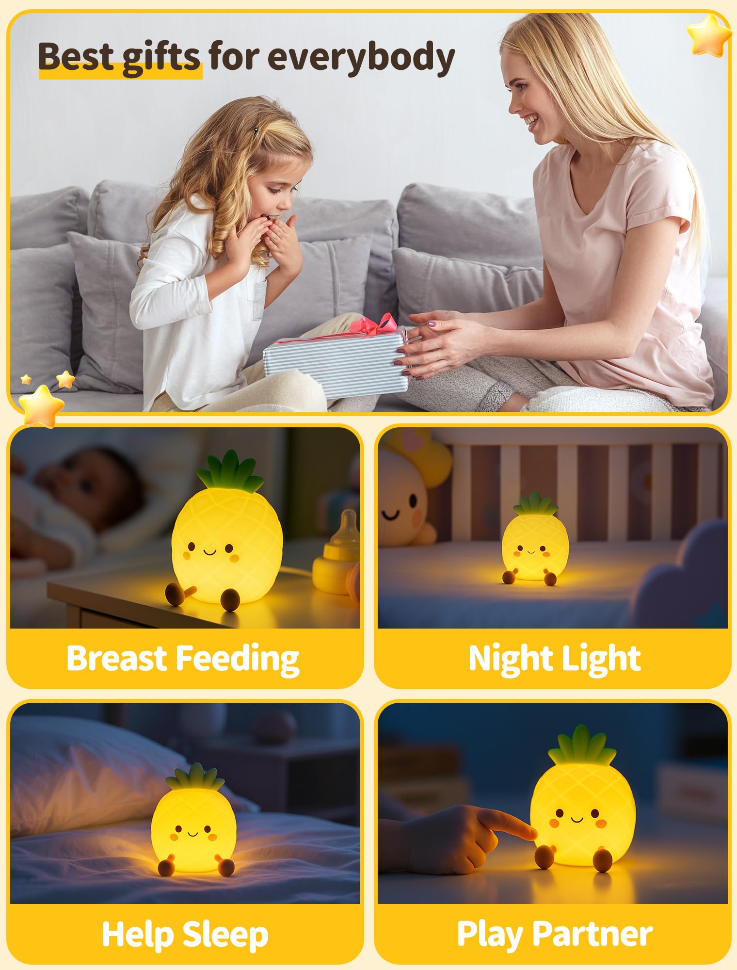 Tarinks Pineapple Night Light demonstrating eye-friendly three-level brightness for any task.