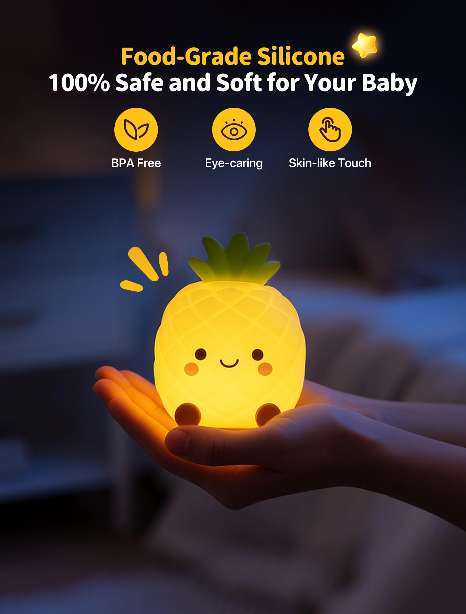 Tarinks Pineapple Night Light showcasing seven color modes for playful mood lighting.
