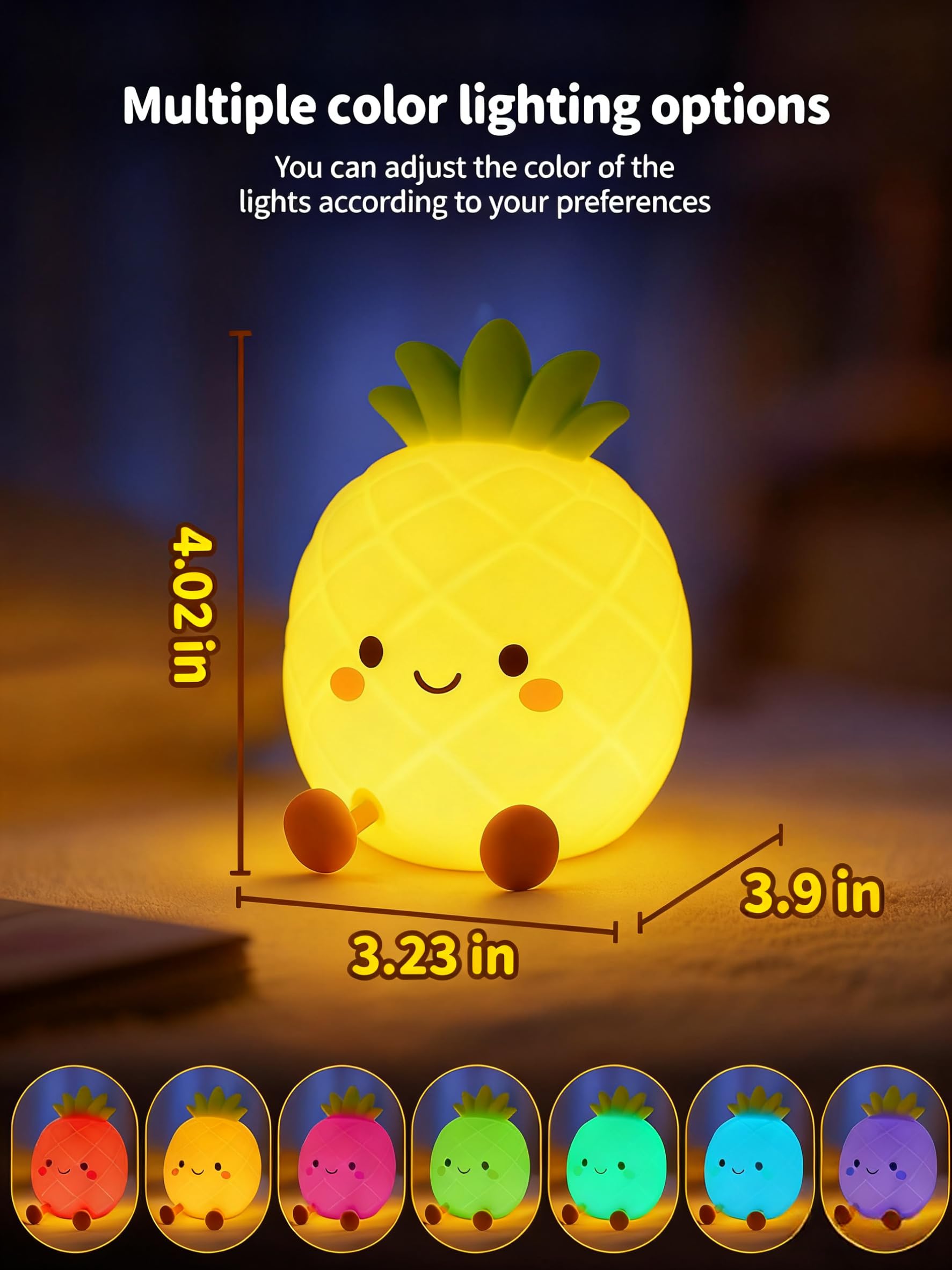 Tarinks Pineapple Night Light on a bedside table showing warm, kid-friendly illumination.