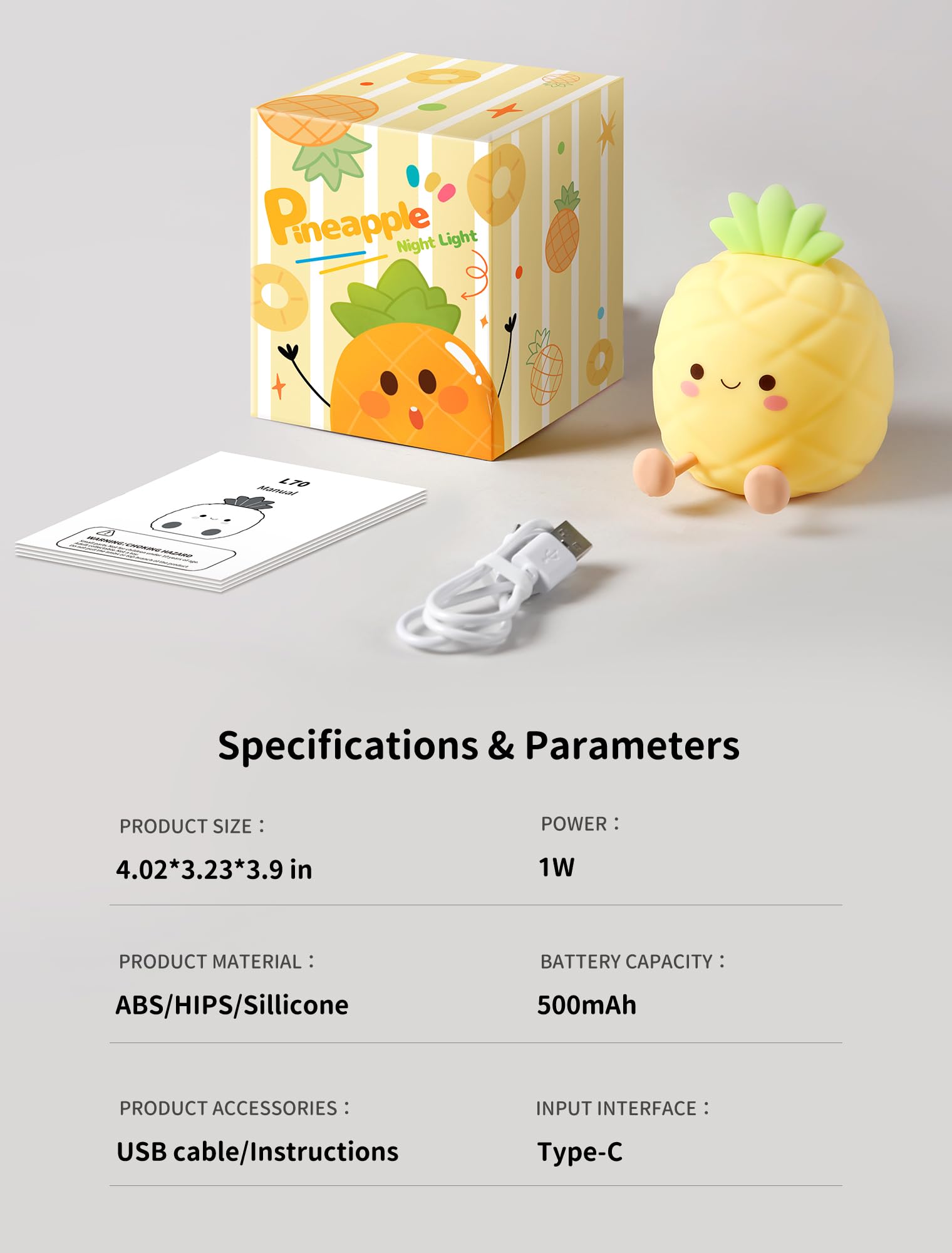 Tarinks Pineapple Night Light highlighting safety-grade silicone materials for family use.