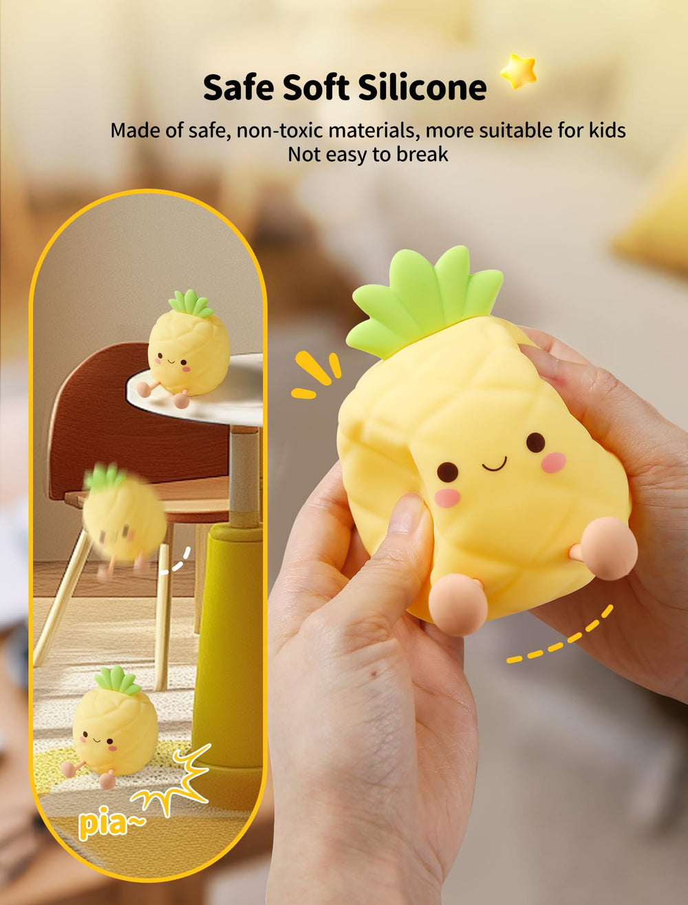 Tarinks Pineapple Night Light made of silicone offering a gentle, squishy tactile experience.