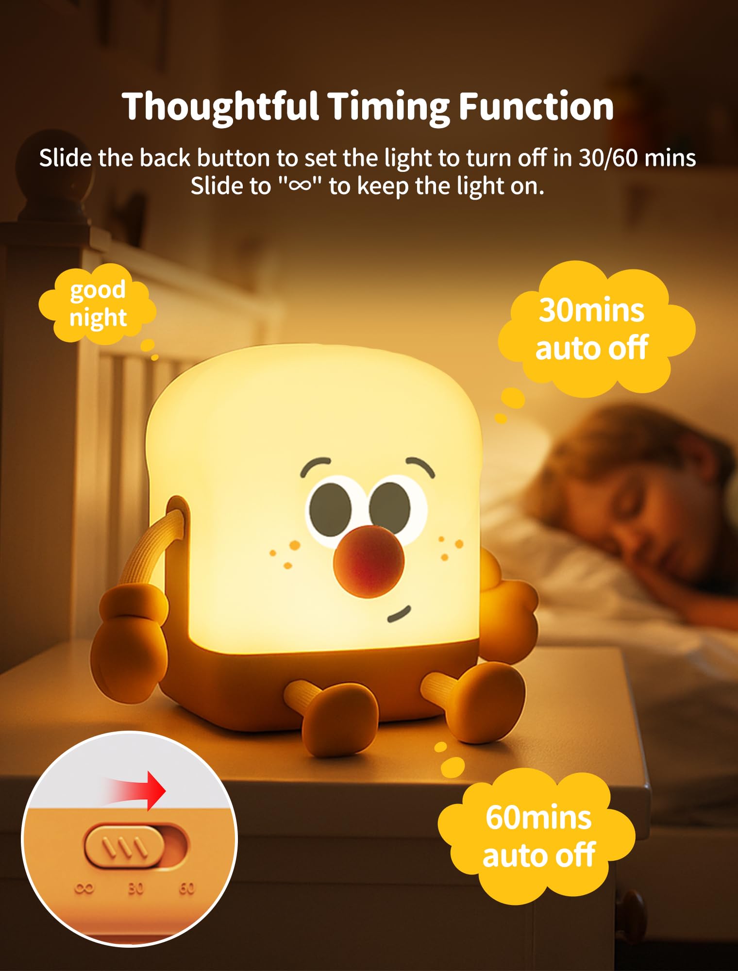 Tarinks Toast Night Light is rechargeable via USB-C for portable use