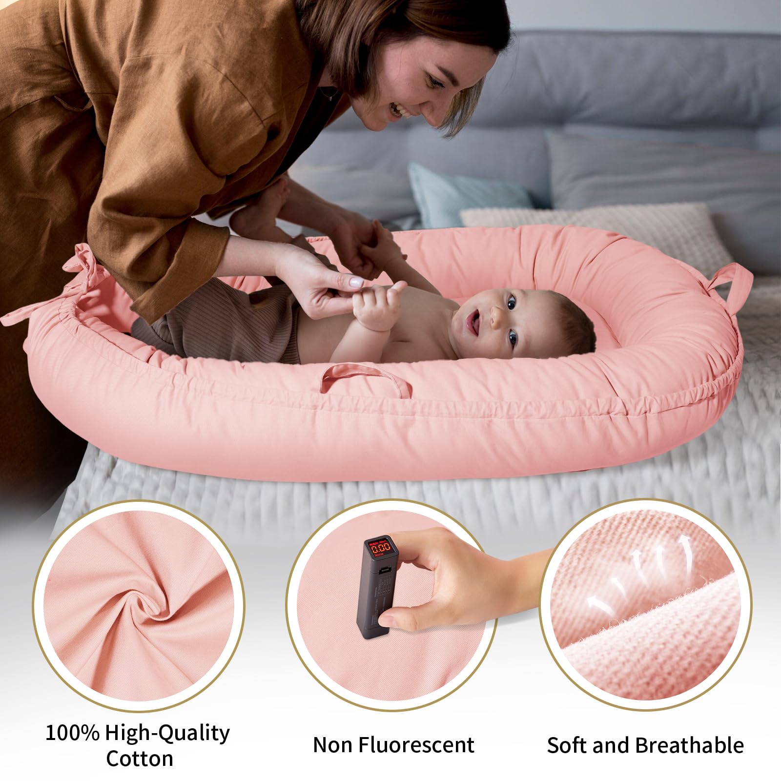 TARJODGY baby lounger features heart-shaped ties for charming nursery styling.
