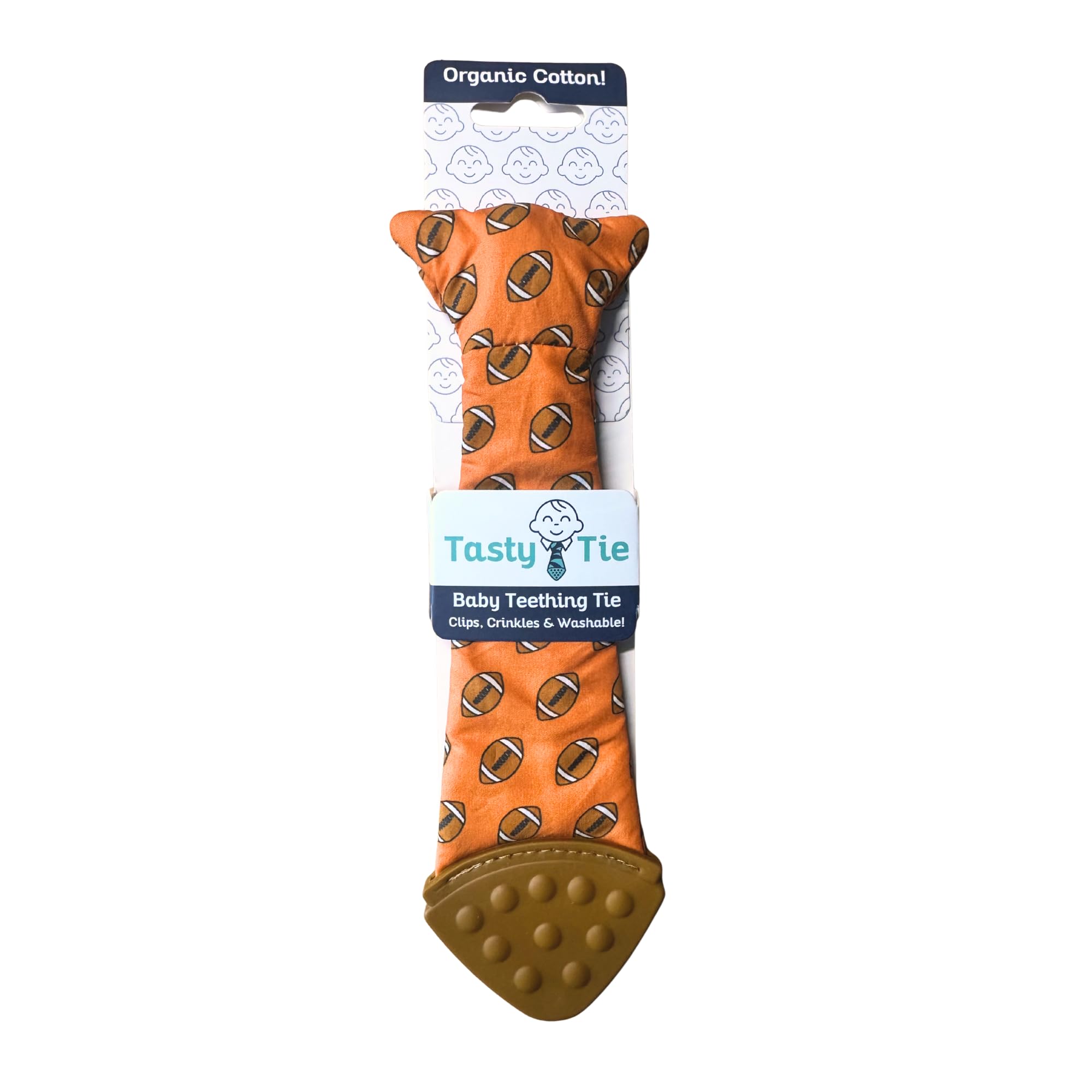 Tasty Tie football teething tie for baby-safe chewing and sensory play.