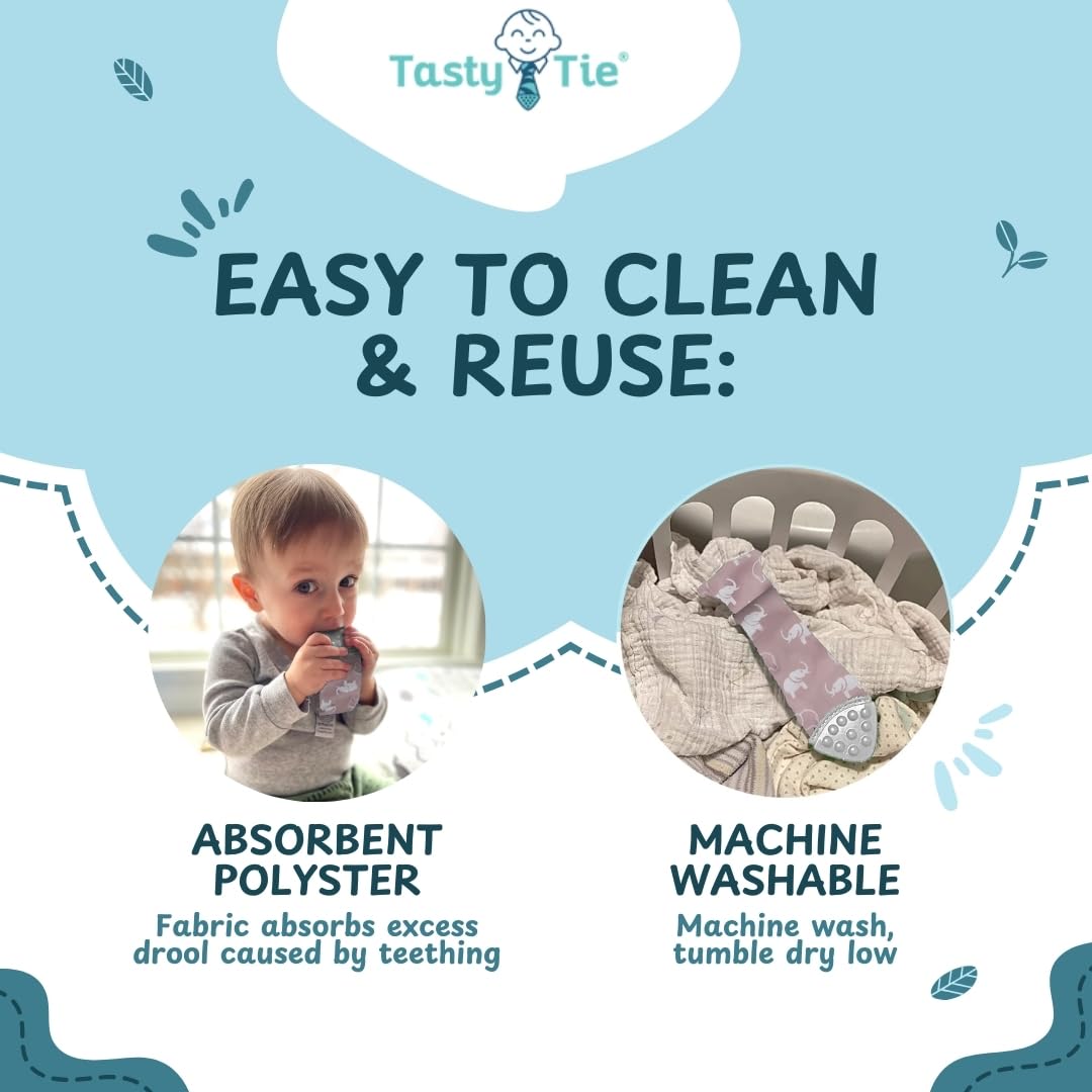 Tasty Tie silicone teether with raised bumps for gum massage.