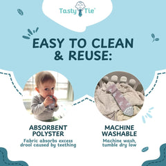 Tasty Tie silicone teether with raised bumps for gum massage.