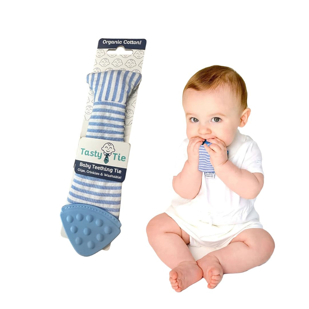 Tasty Tie teething tie with crinkle insert for engaging sensory play