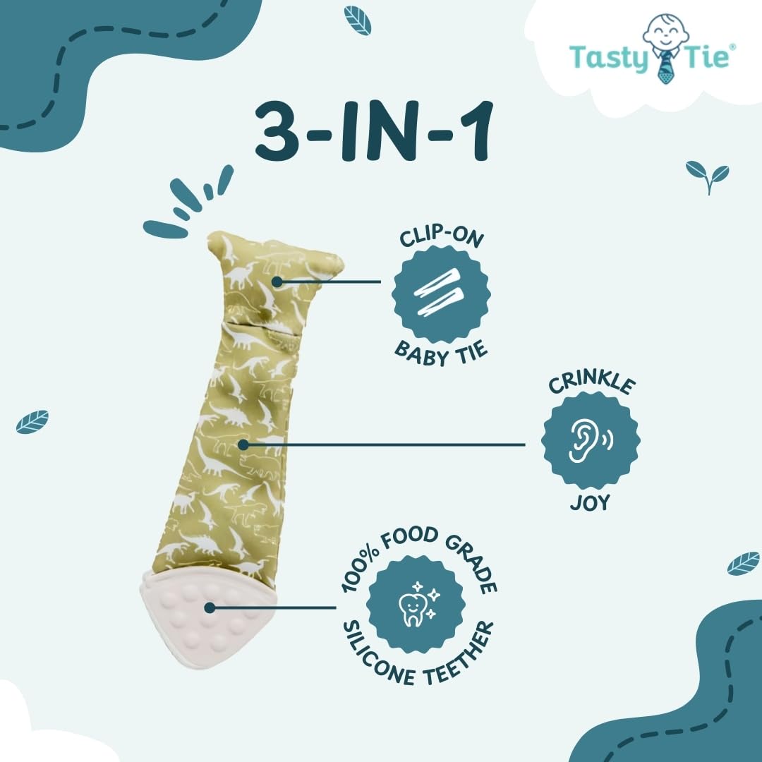 Tasty Tie crinkle insert teether offers subtle sensory crackle during play.