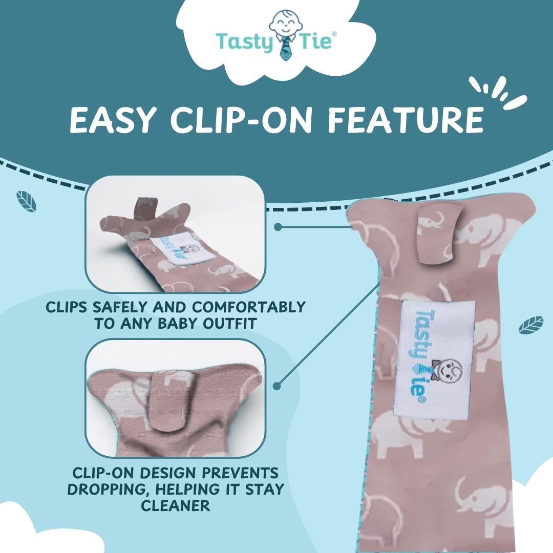 Tasty Tie tie helps absorb drool during teething sessions.