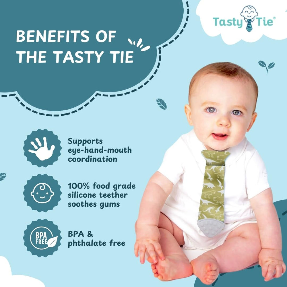 Tasty Tie silicone teether with raised bumps for gum massage.