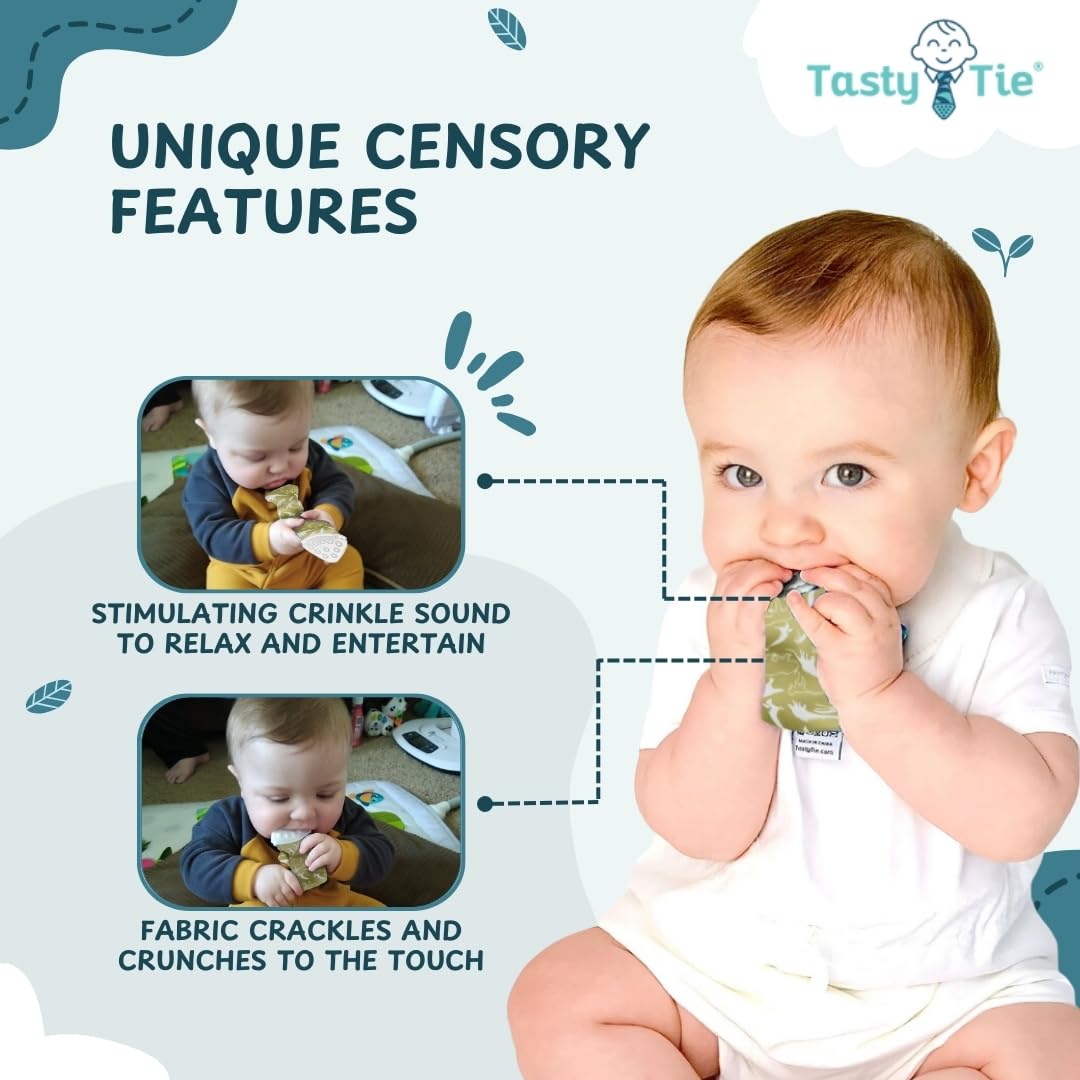 Tasty Tie washable design cleans easily after drool and teething sessions.