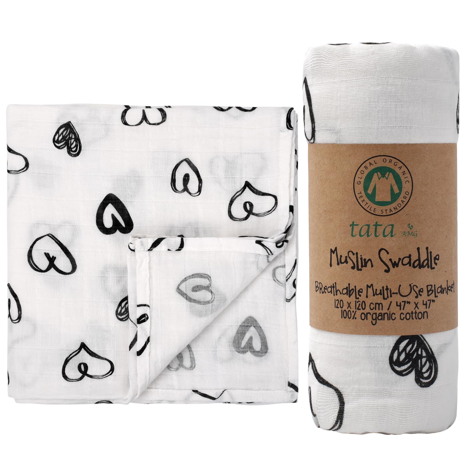 TATA AMG muslin swaddle blanket folded showing soft organic cotton for newborn comfort.