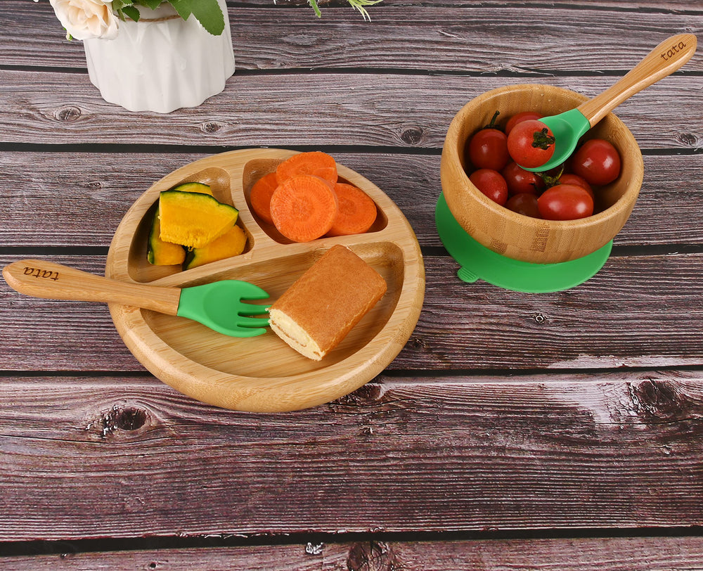 TATA AMG removable suction bases support growing toddlers transitioning to independent eating.