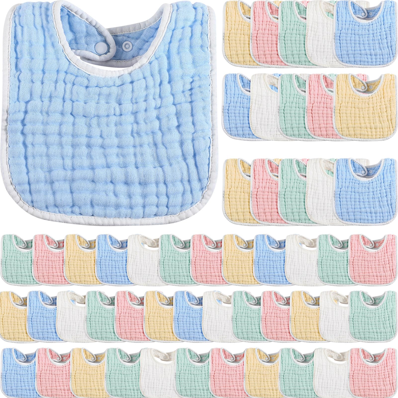 Tatuo 50-pcs muslin bibs close-up shows 6-layer absorbent design.