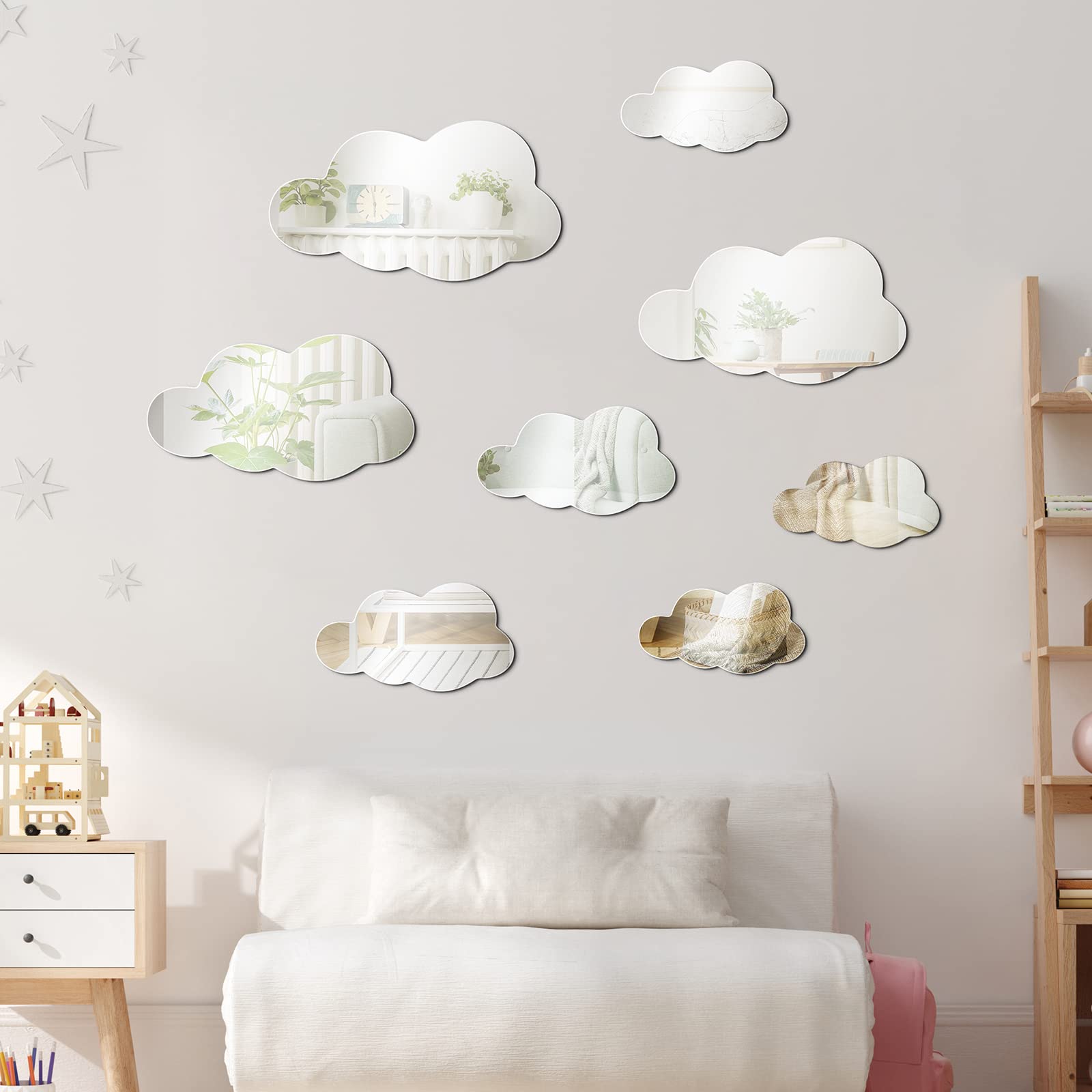 Tatuo 8-piece 3D cloud mirror decor adds playful dimension to kids' room walls.