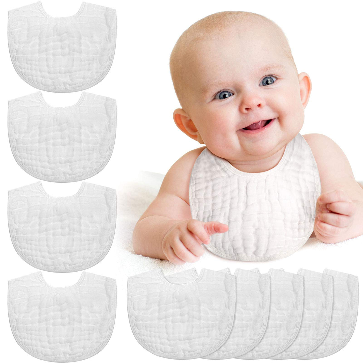 Tatuo white muslin bibs close-up showing soft fabric for sensitive baby skin comfort.