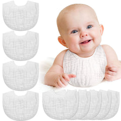 Tatuo white muslin bibs close-up showing soft fabric for sensitive baby skin comfort.