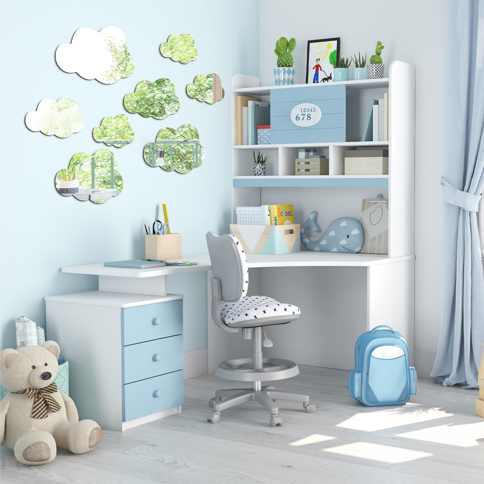 Tatuo cloud decor kit uses four sizes to fit walls, doors, shelves, or fireplaces.