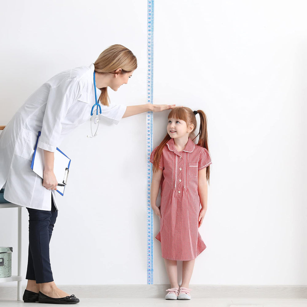 Tatuo blue height ruler shown in home, hospital or office settings.