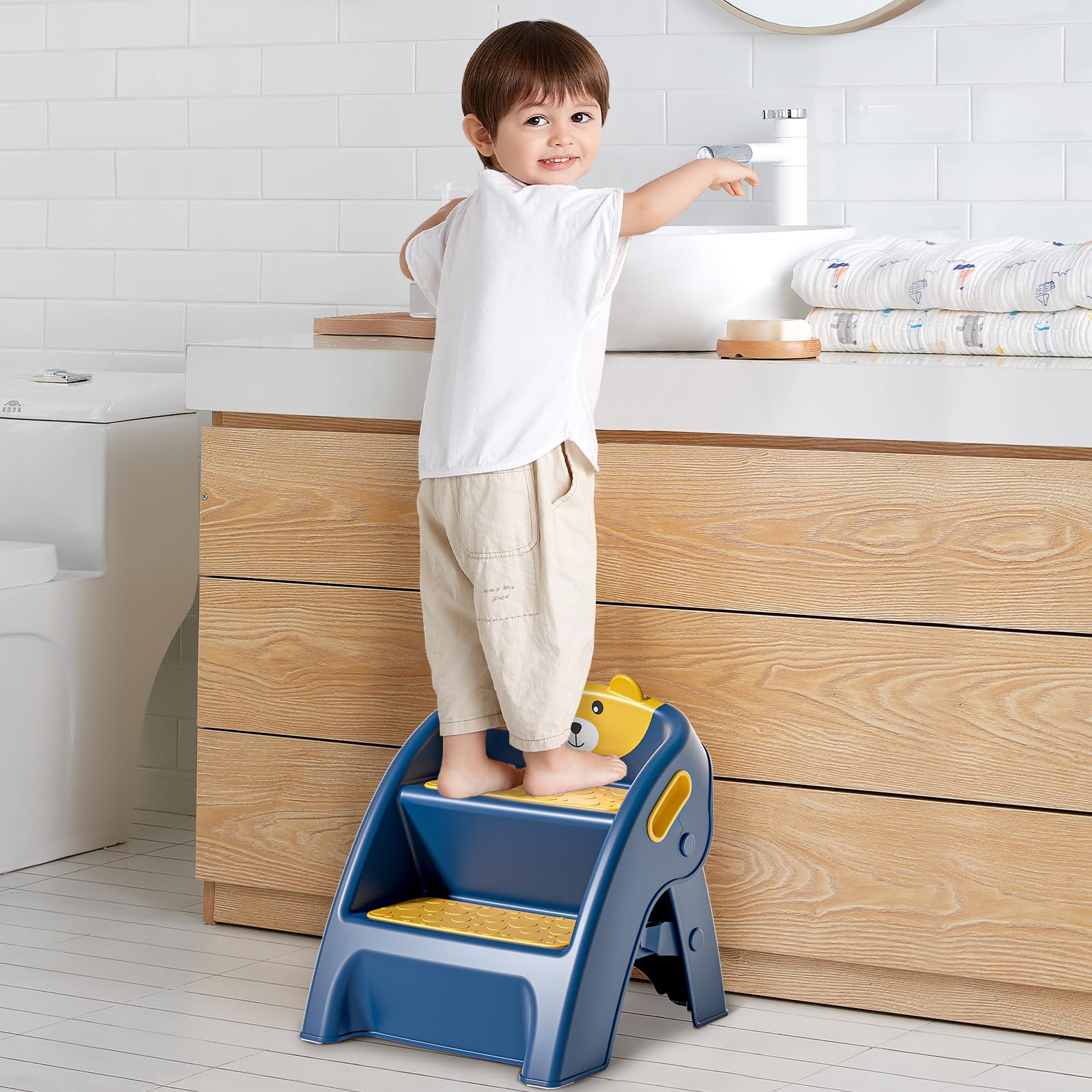 Tavlshero a-frame step stool with handles enables easy transport.