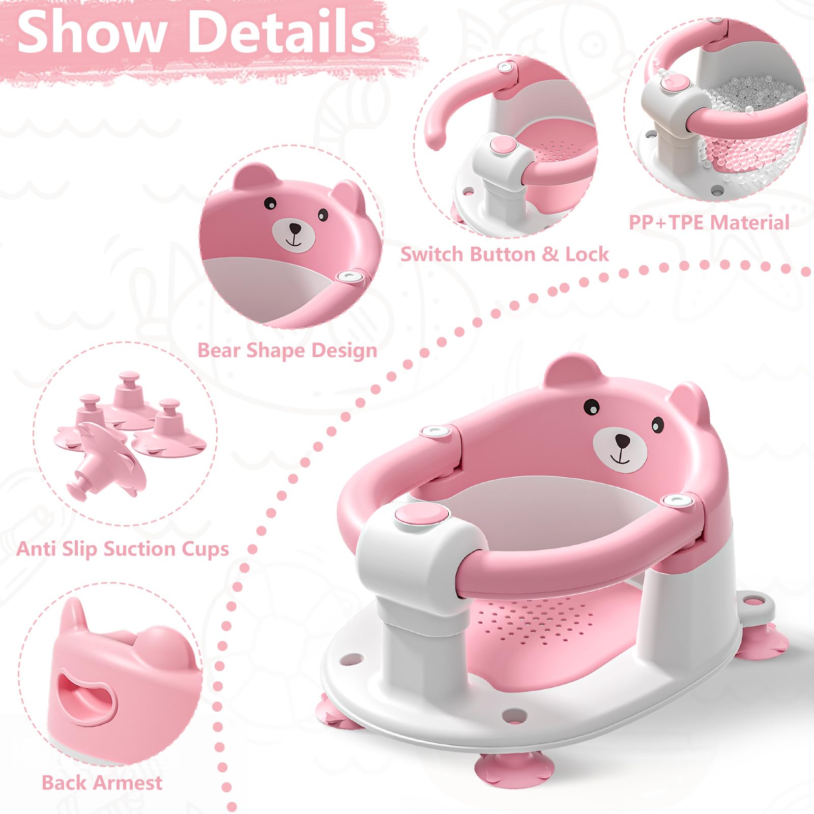Tavlshero baby bath seat shows four suction cups for stability.