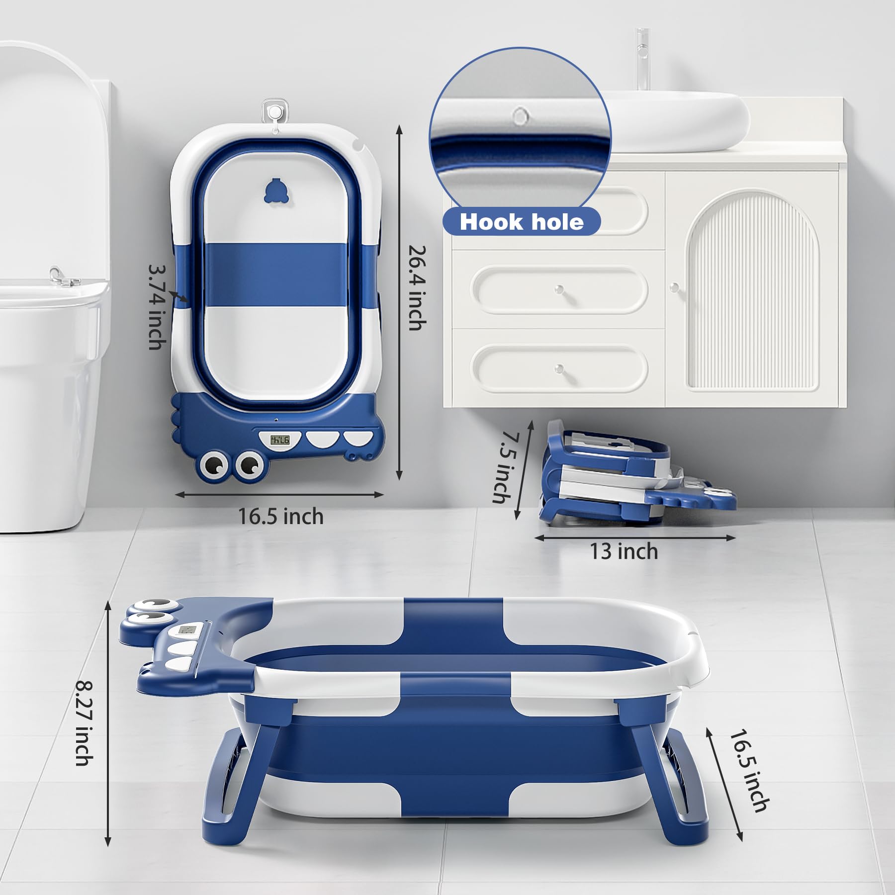 Tavlshero collapsible baby bathtub water drain hole enables easy off-the-floor drainage.