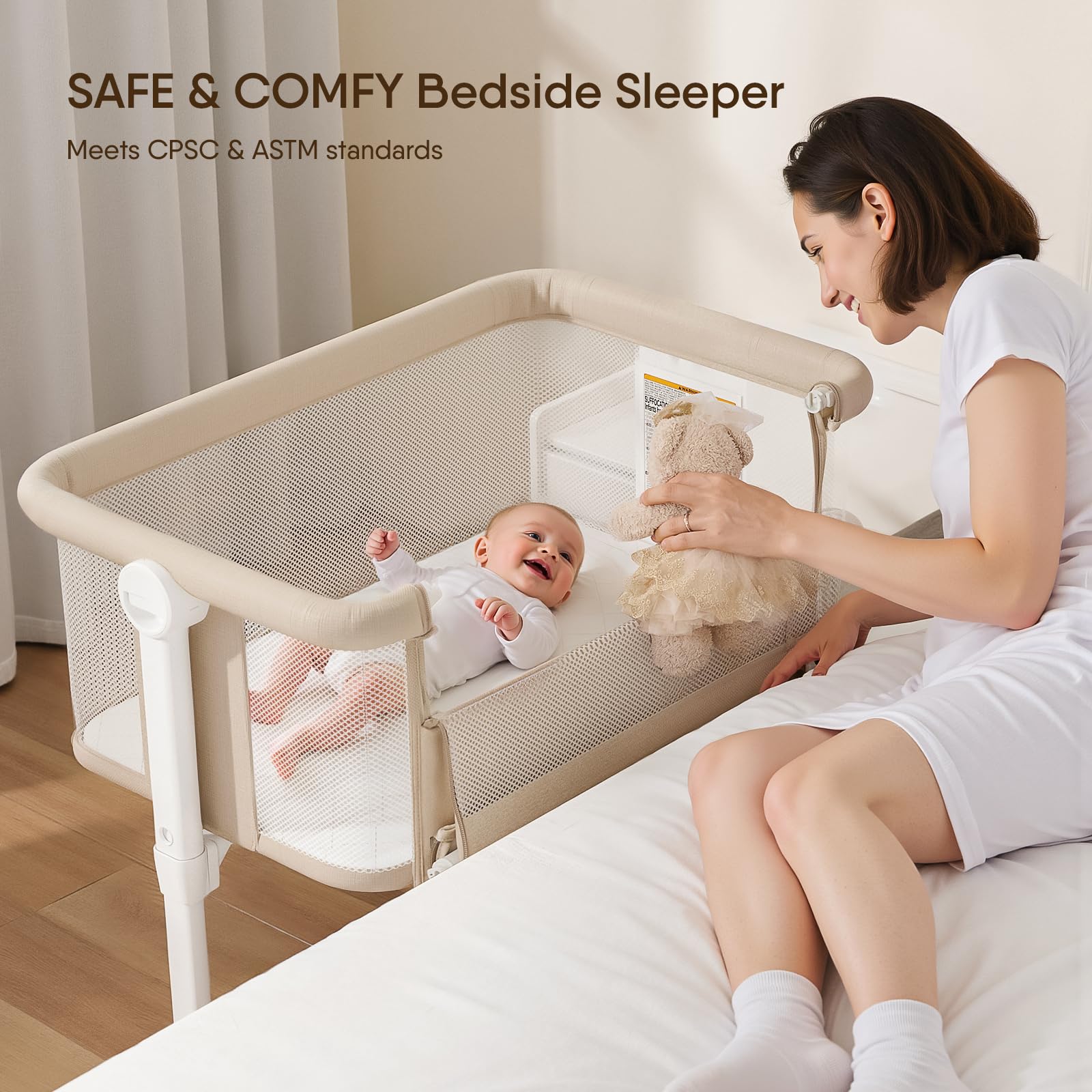 Taylengrow Baby bassinet with 5-height adjustments enables close proximity with bed alignment.