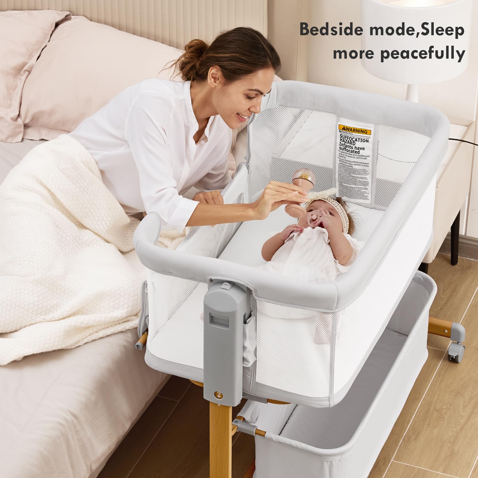 Taylengrow Baby bassinet with 6-height adjustment to fit varying bed heights.