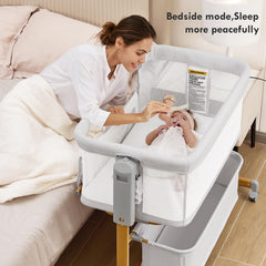 Taylengrow Baby bassinet with 6-height adjustment to fit varying bed heights.
