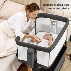 Taylengrow Baby bassinet bedside-sleeper in-use demonstrates convenient night feeds within arm's reach.