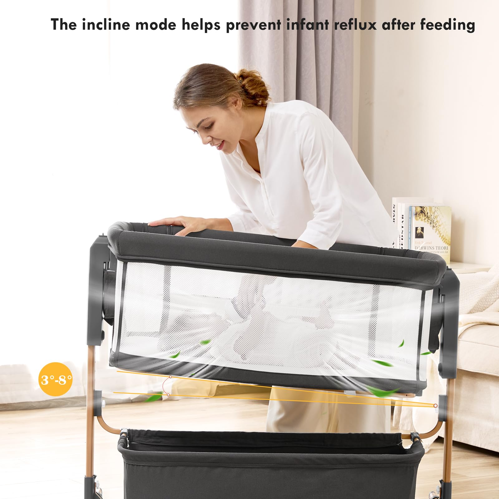 Taylengrow Baby bassinet rocking-mode highlights soothing motion to calm fussiness.