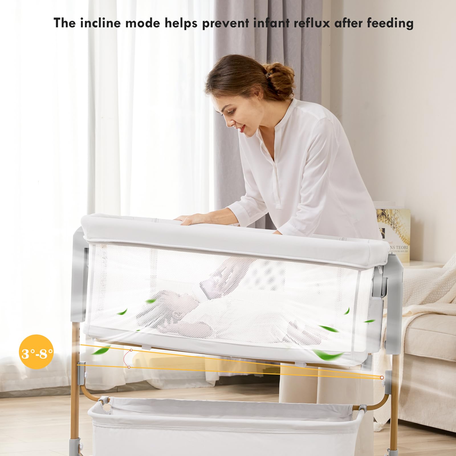 Taylengrow Baby bassinet tilt feature aids gentle soothing and feeding comfort.