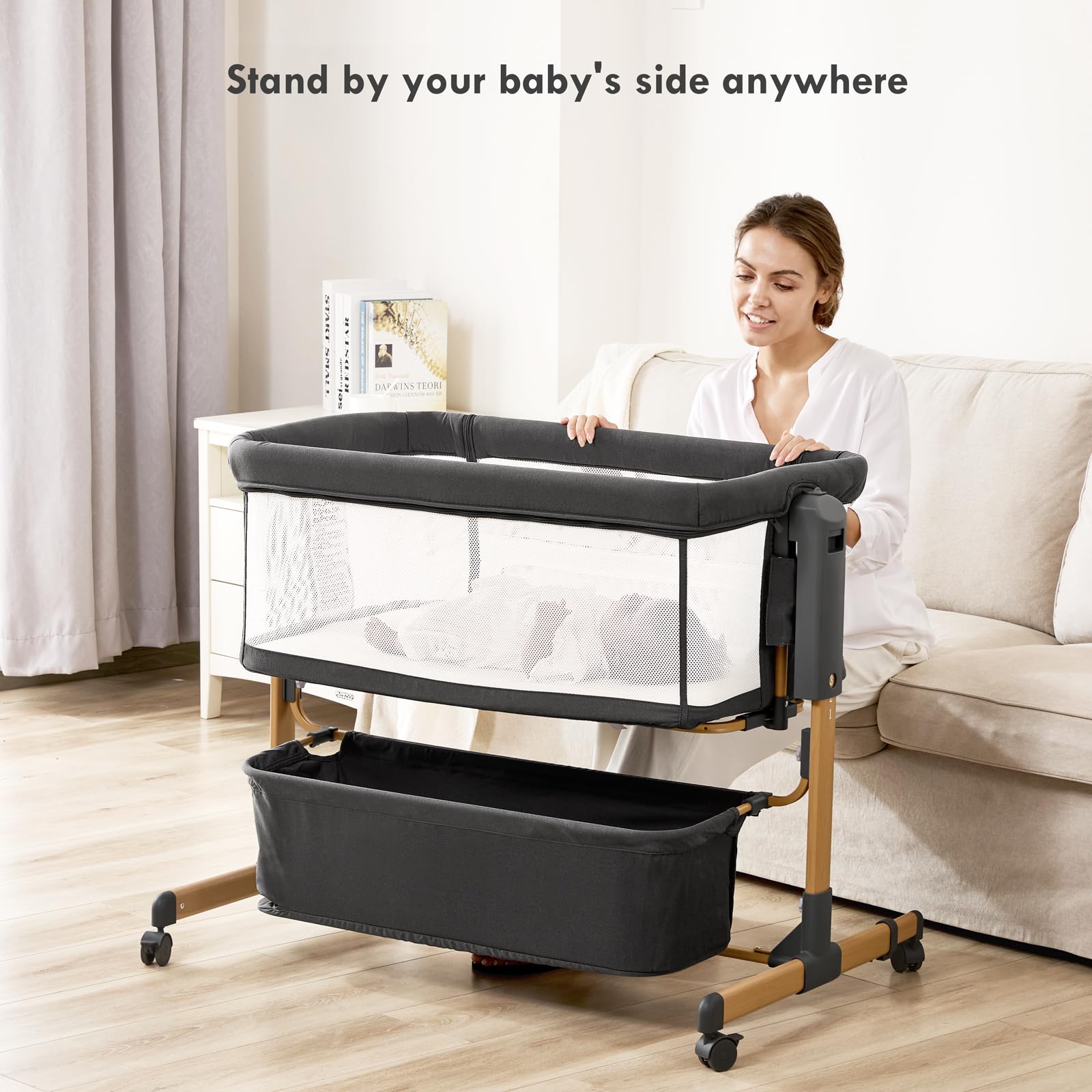 Taylengrow Baby bassinet wheels-and-brakes demonstrates room-to-room mobility with secure brakes.