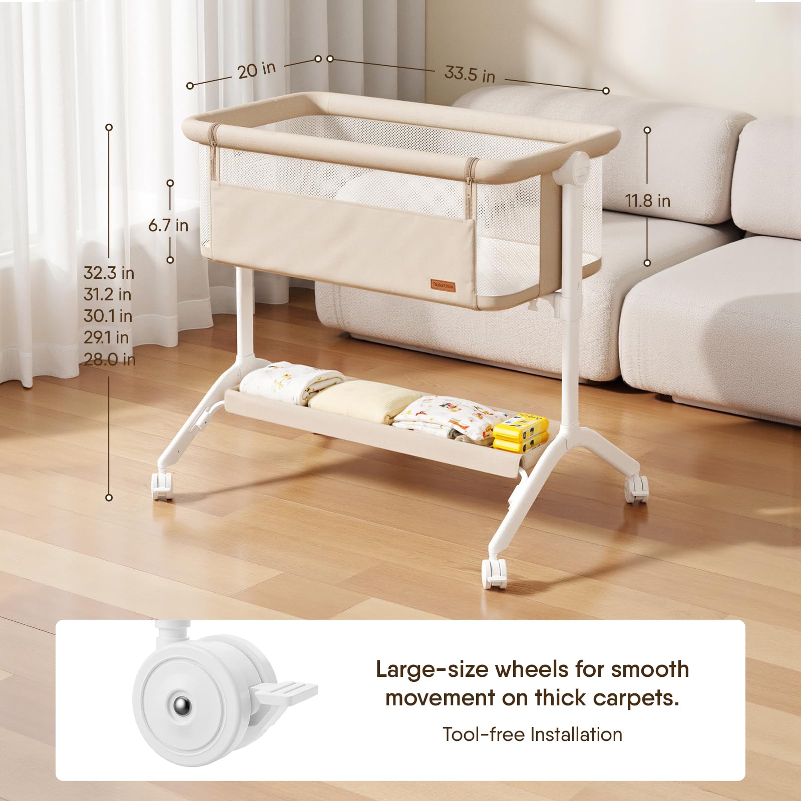 Taylengrow Baby bedside bassinet storage basket keeps essentials within arm's reach.