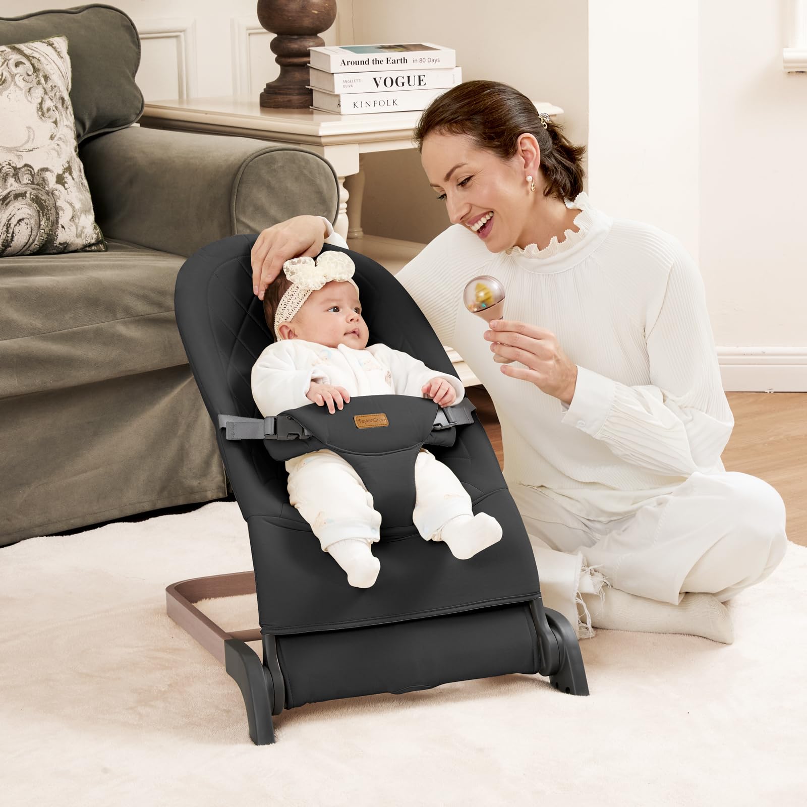 Taylengrow Baby Bouncer organic-cotton-cover highlighted for gentle skin comfort.
