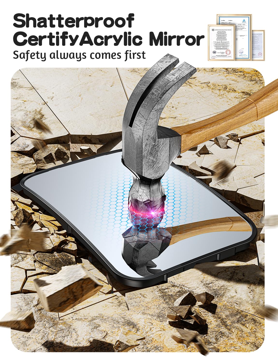 TAZENI Shatterproof mirror with anti-scratch surface