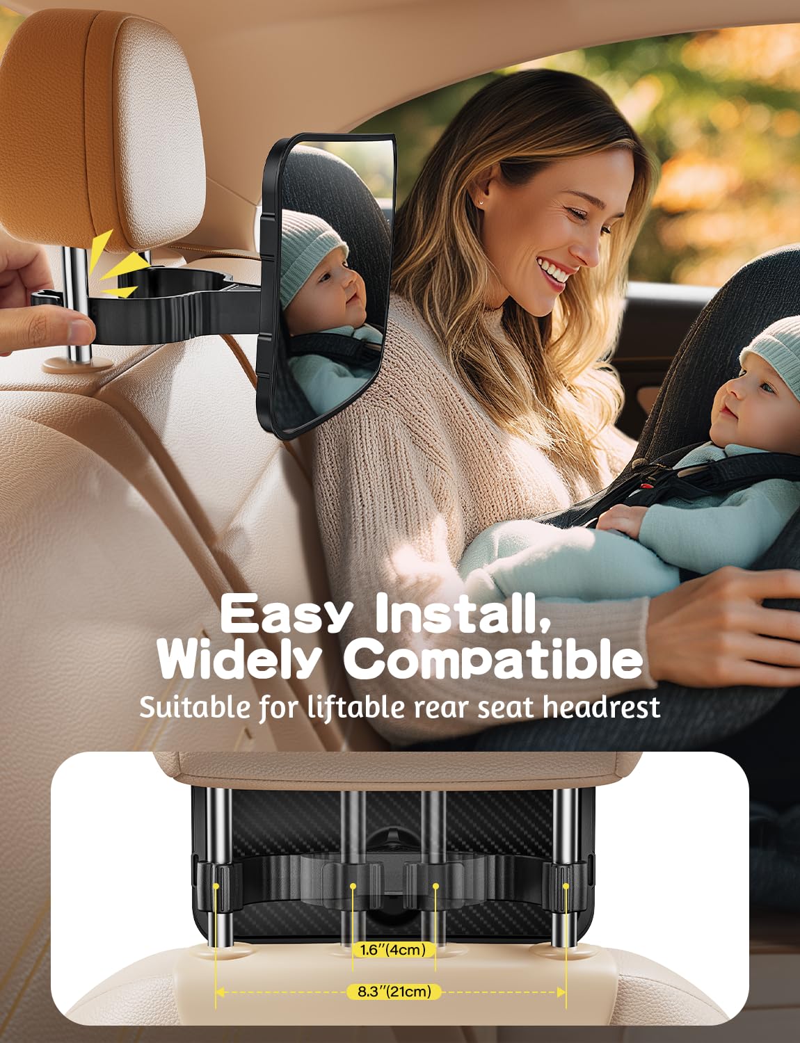 TAZENI Wide compatibility car mirror fits most liftable headrests