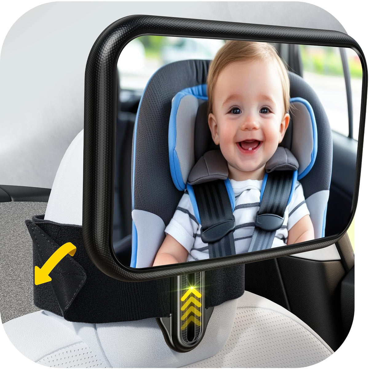 TAZENI fixed headrest baby mirror securely attached with Velcro strap for stable rear-seat view