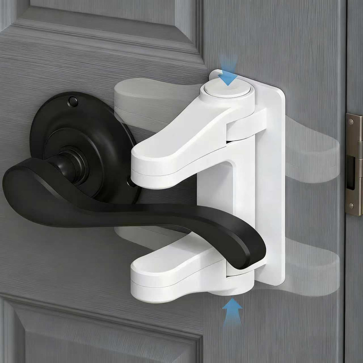 Tazyuxd childproof lever lock 2-pack mounted on a door handle to prevent curious access.