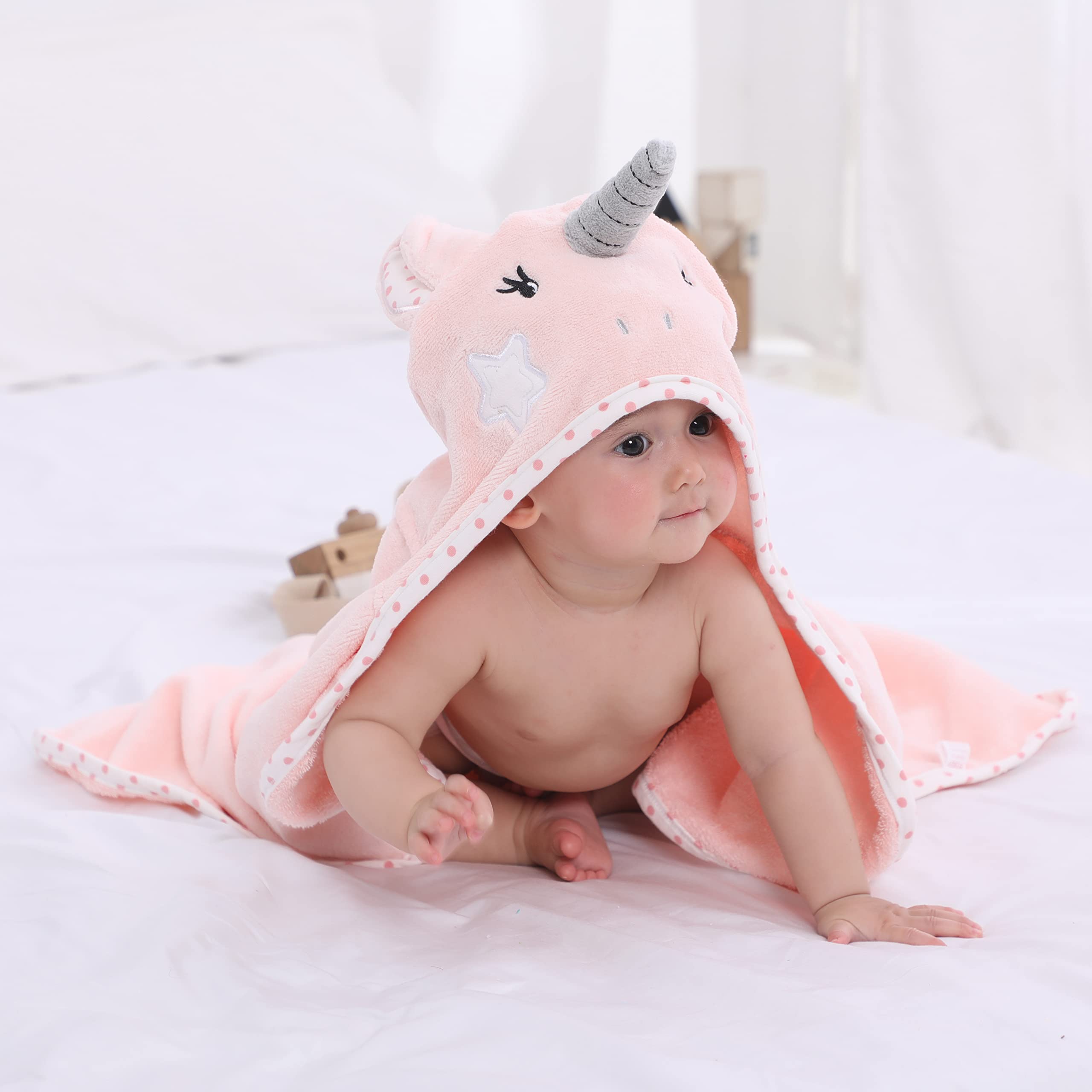 TBEZY hooded towel 32x24 size shown on infant for practical newborn care.