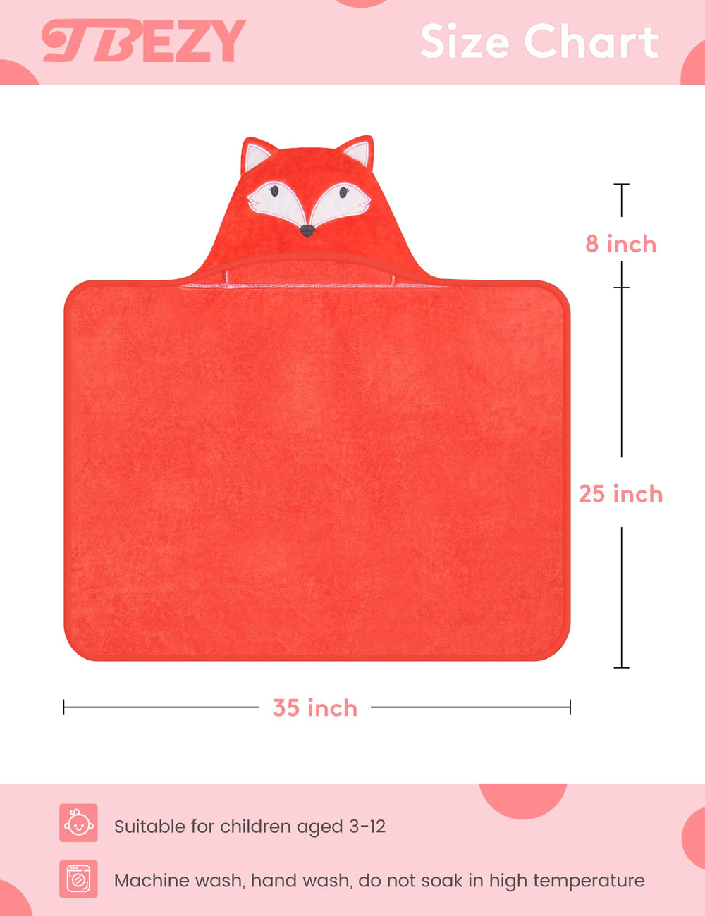 TBEZY Baby Hooded Towel fox design back view highlights snug hood and towel wrap stability.