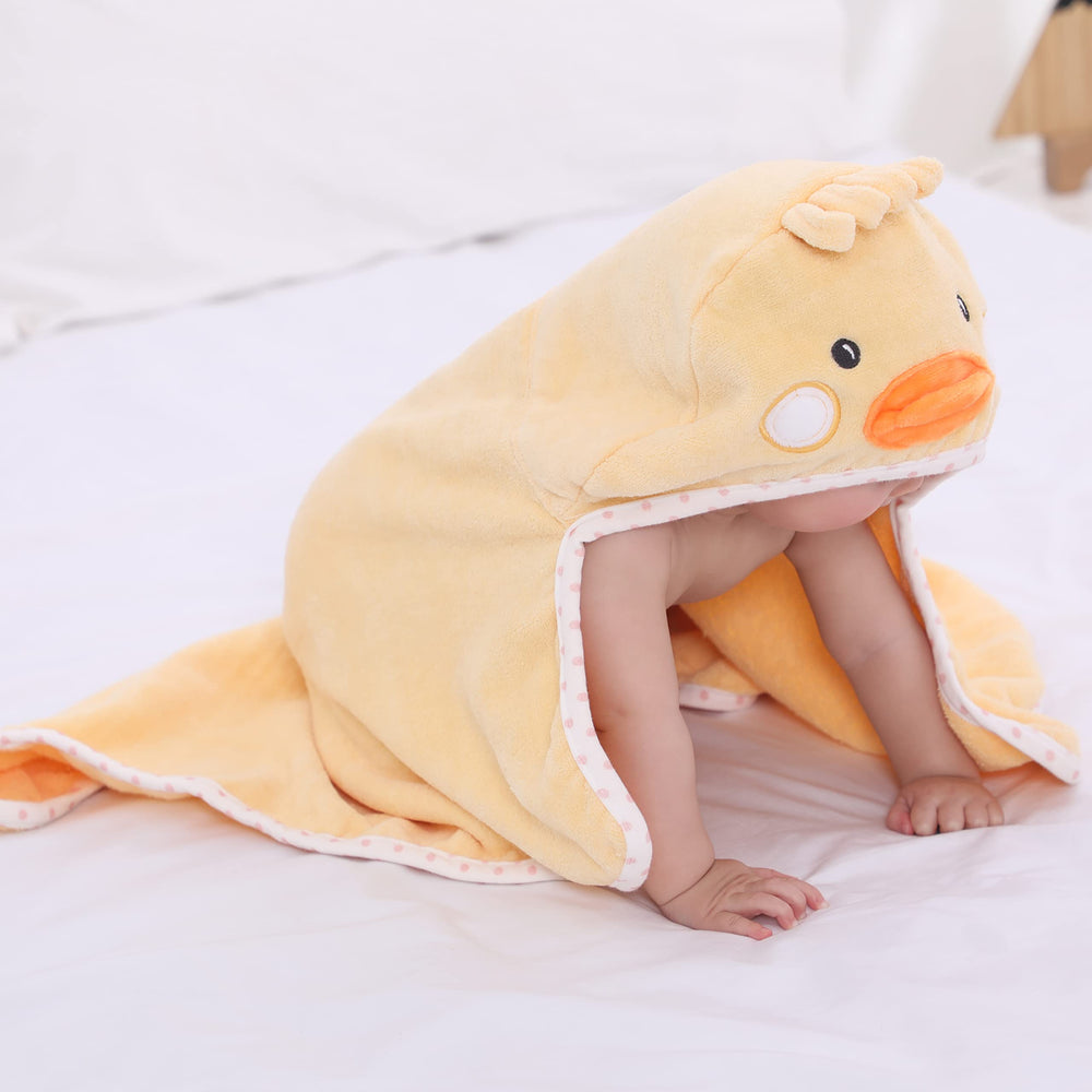 TBEZY hooded towel on baby wrap demonstrates secure post-bath wrap