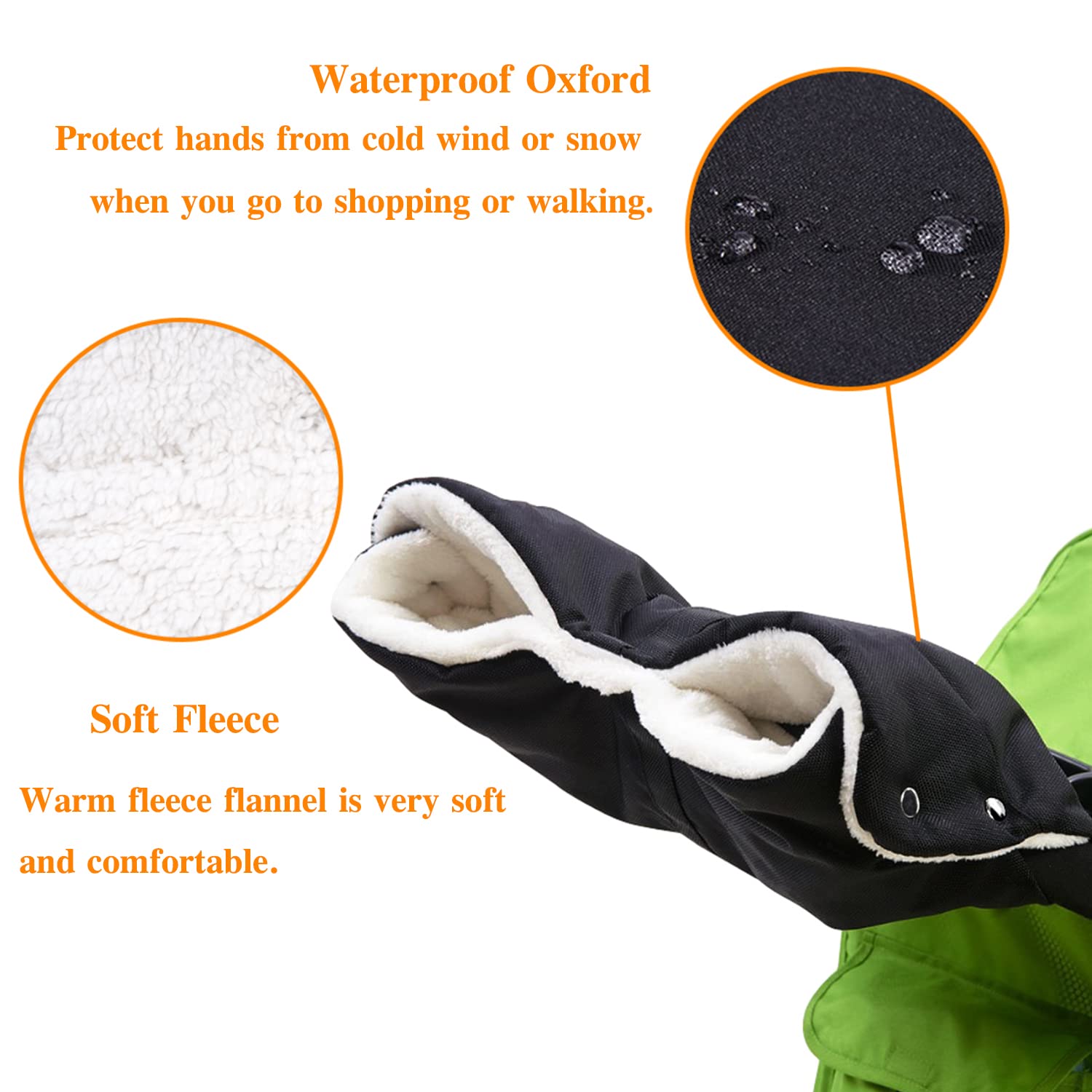 Tbrand hand muff with waterproof Oxford outer protects hands from wind and snow
