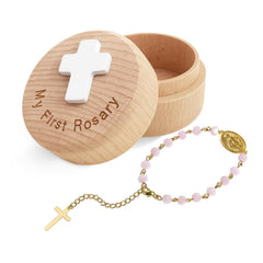 TBTFW My First Rosary in pink wooden box, baptism keepsake