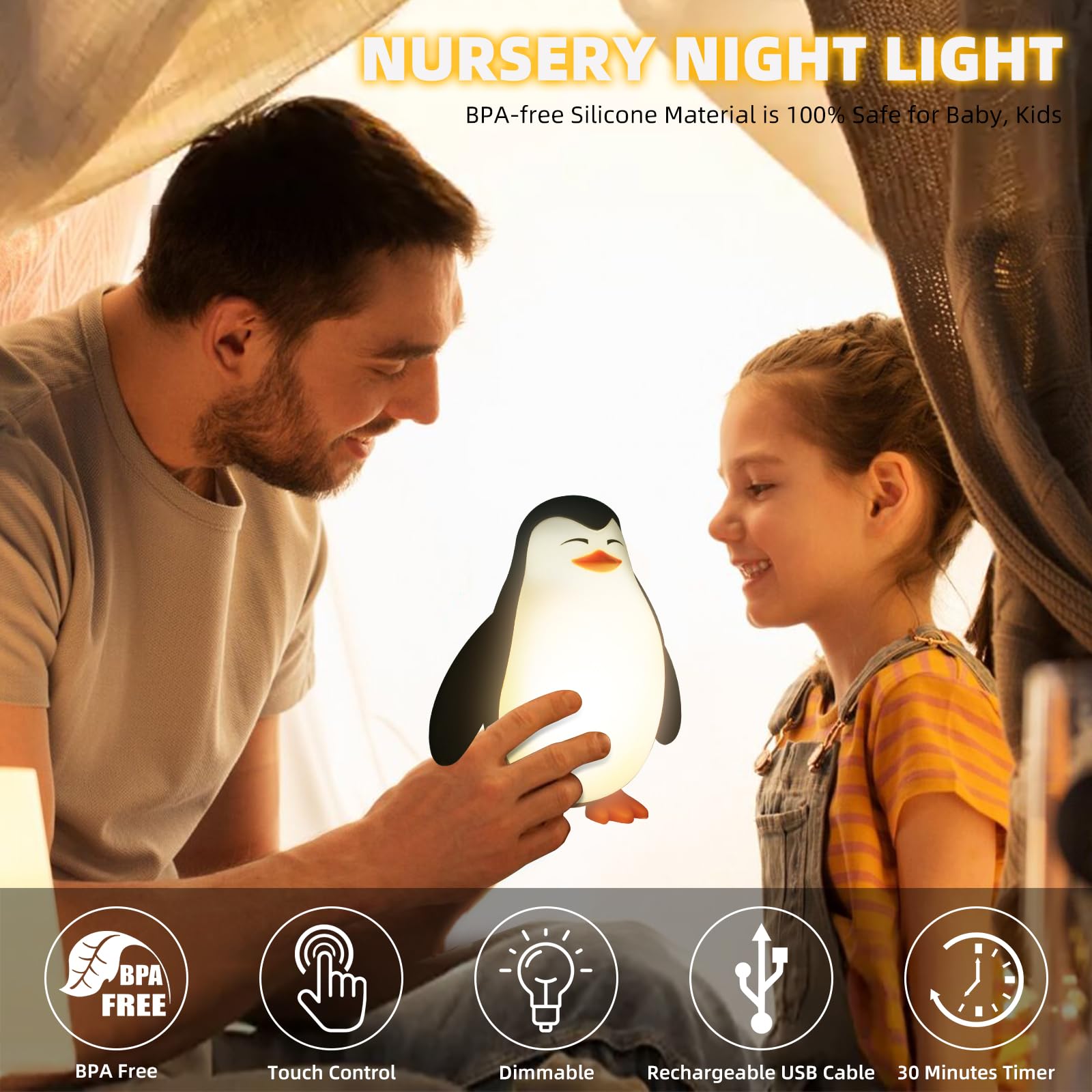 TCamp Penguin Night Light three dimming levels for customizable night-time comfort.