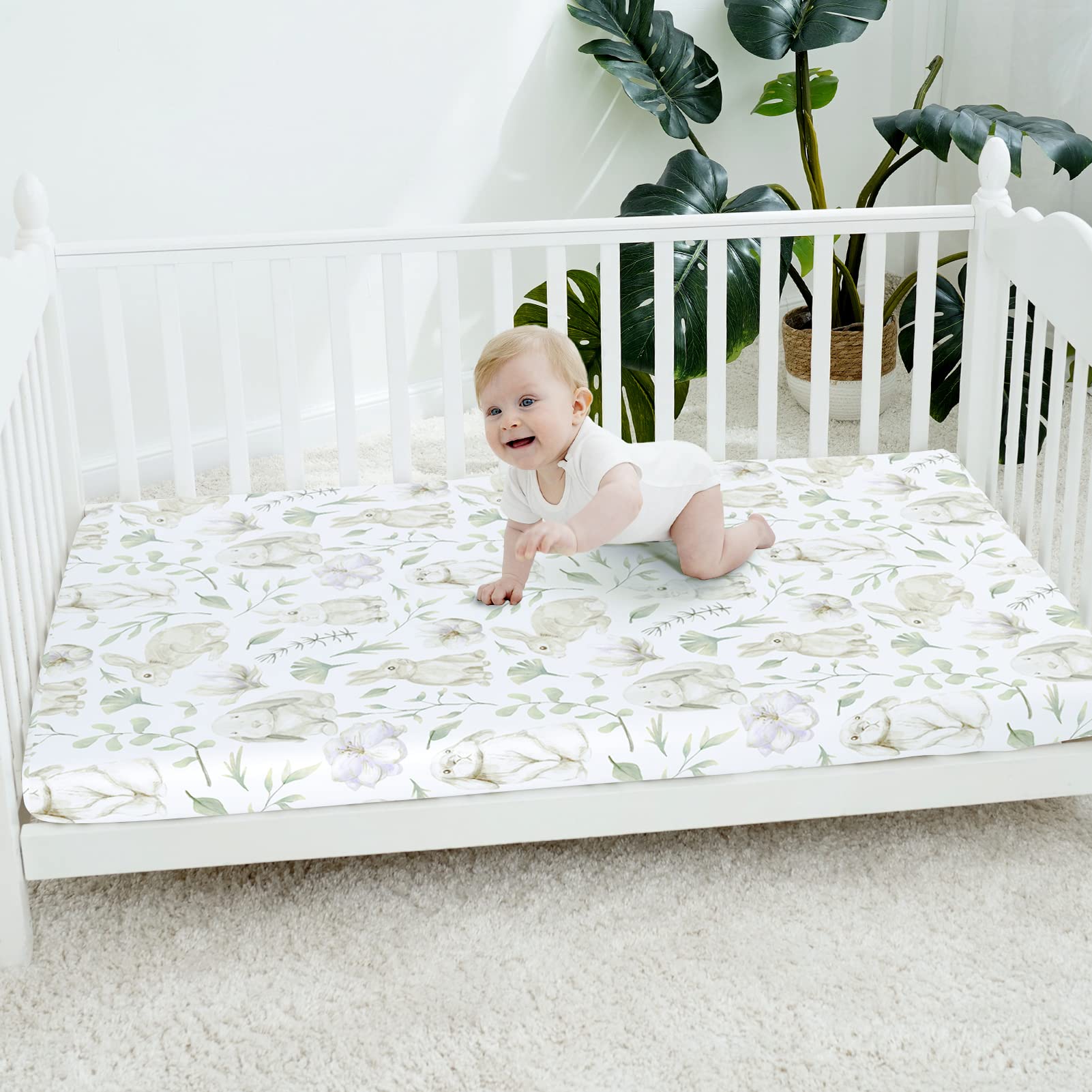 TCBunny 2-pack display demonstrates convenient, durable ready-to-use crib sheets.