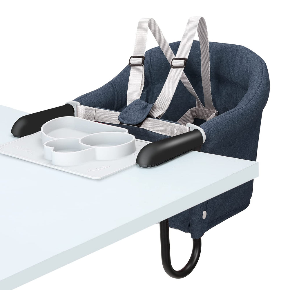 TCBunny Hook-On Chair blue tray close-up highlights secure meal setup