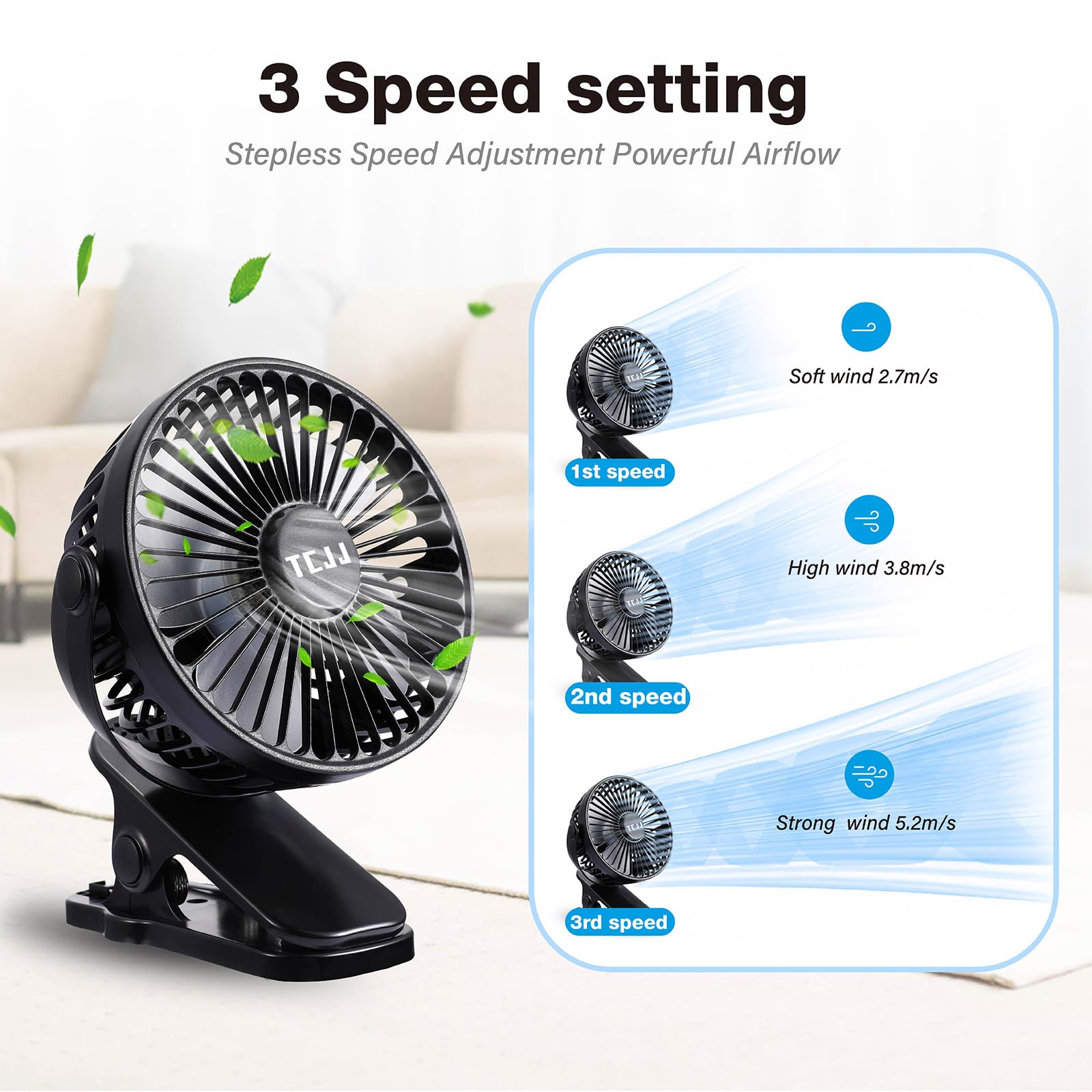 TCJJ portable clip-on fan back view emphasizes safe baby-friendly design and compact housing.